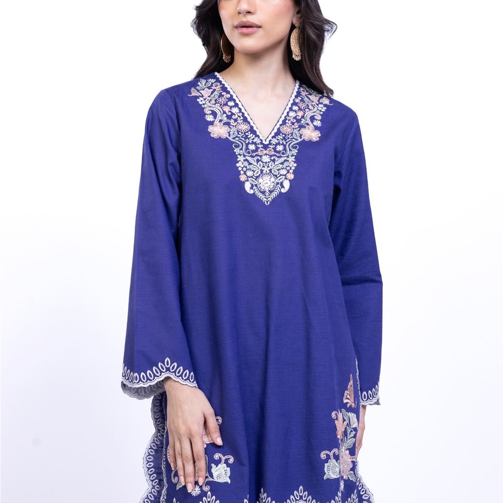 Khaadi Floral V-Neck Embroidered Kurta & Trouser Set Size 10 Purple Karandi Fab